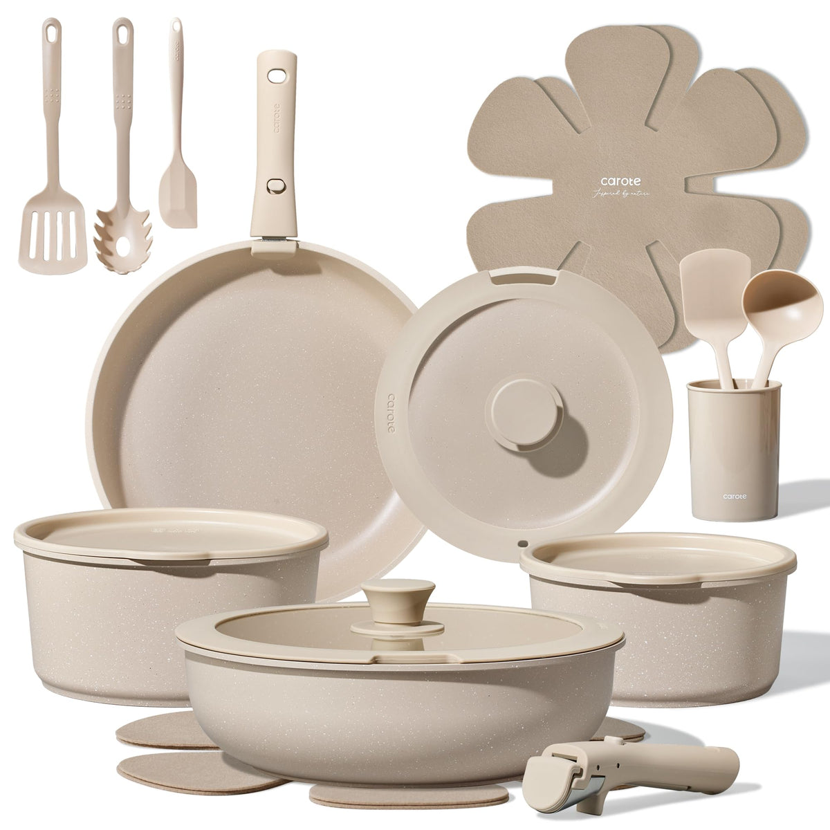 CAROTE 21-piece nonstick pots and pans with removable detachable handle