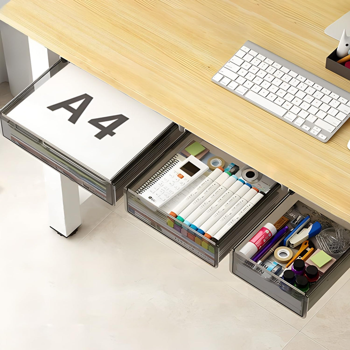 Three SVNNELP slide-out under-desk drawers (large, medium, small) mounted under a desk holding pens and stationery