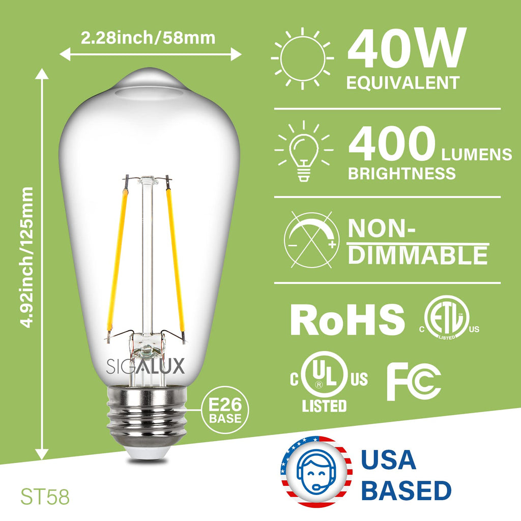 ST58 Filament Clear Non-Dimmable Vintage Light Bulbs 40W Equivalent 400LM Soft White 5000K 15, 000hrs 4 Pack image 2