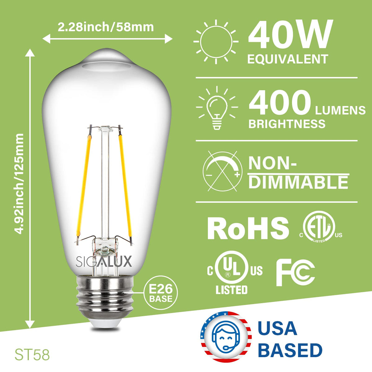 ST58 Filament Clear Non-Dimmable Vintage Light Bulbs 40W Equivalent 400LM Soft White 5000K 15, 000hrs 4 Pack image 2