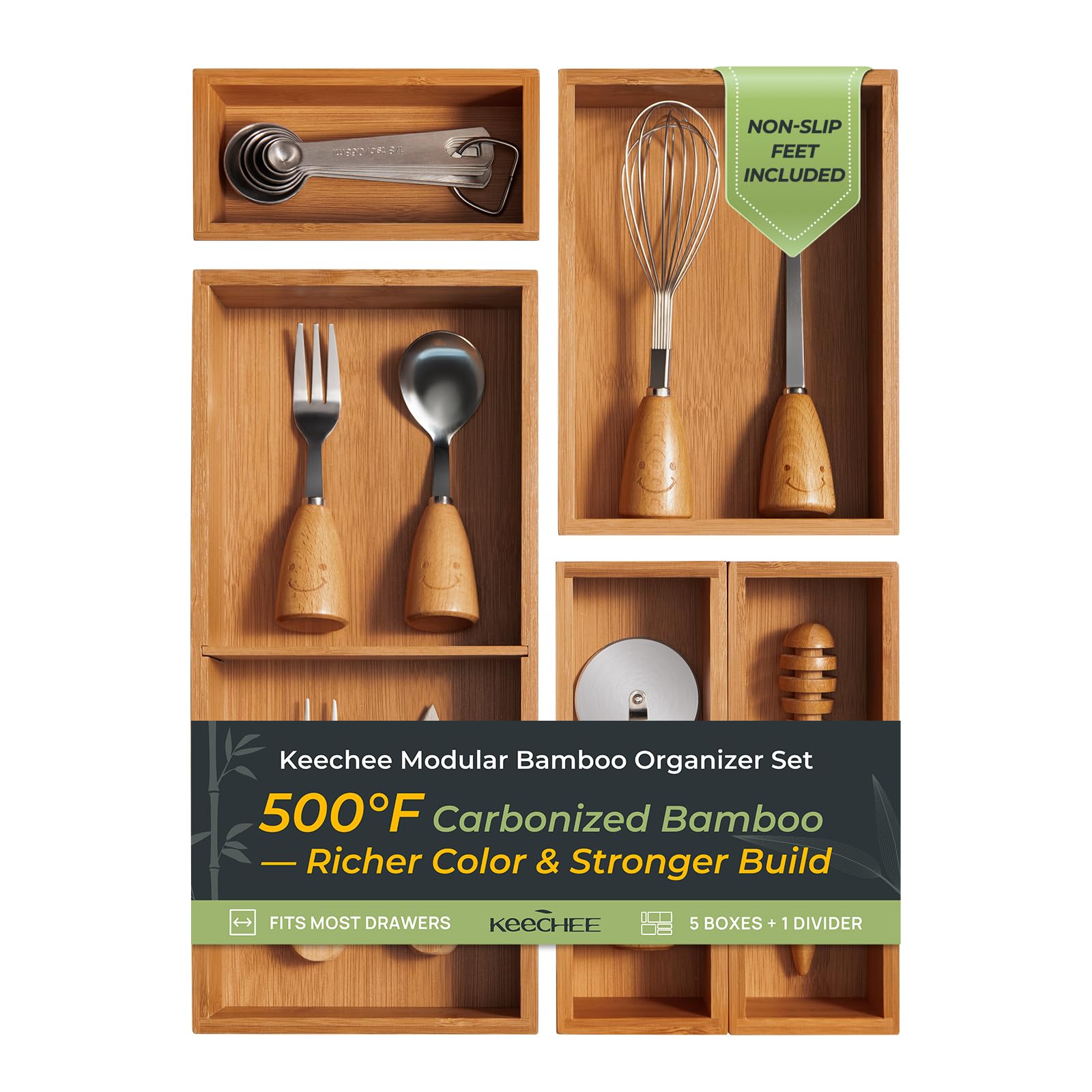 keechee 5-Piece Drawer Organizer Set, 2.2" Deep Multi-Use Organizers for Utensils, Silverware, Cutlery, Desk, Bathroom, Junk Drawer & Makeup, Non-Slip Feet Included.