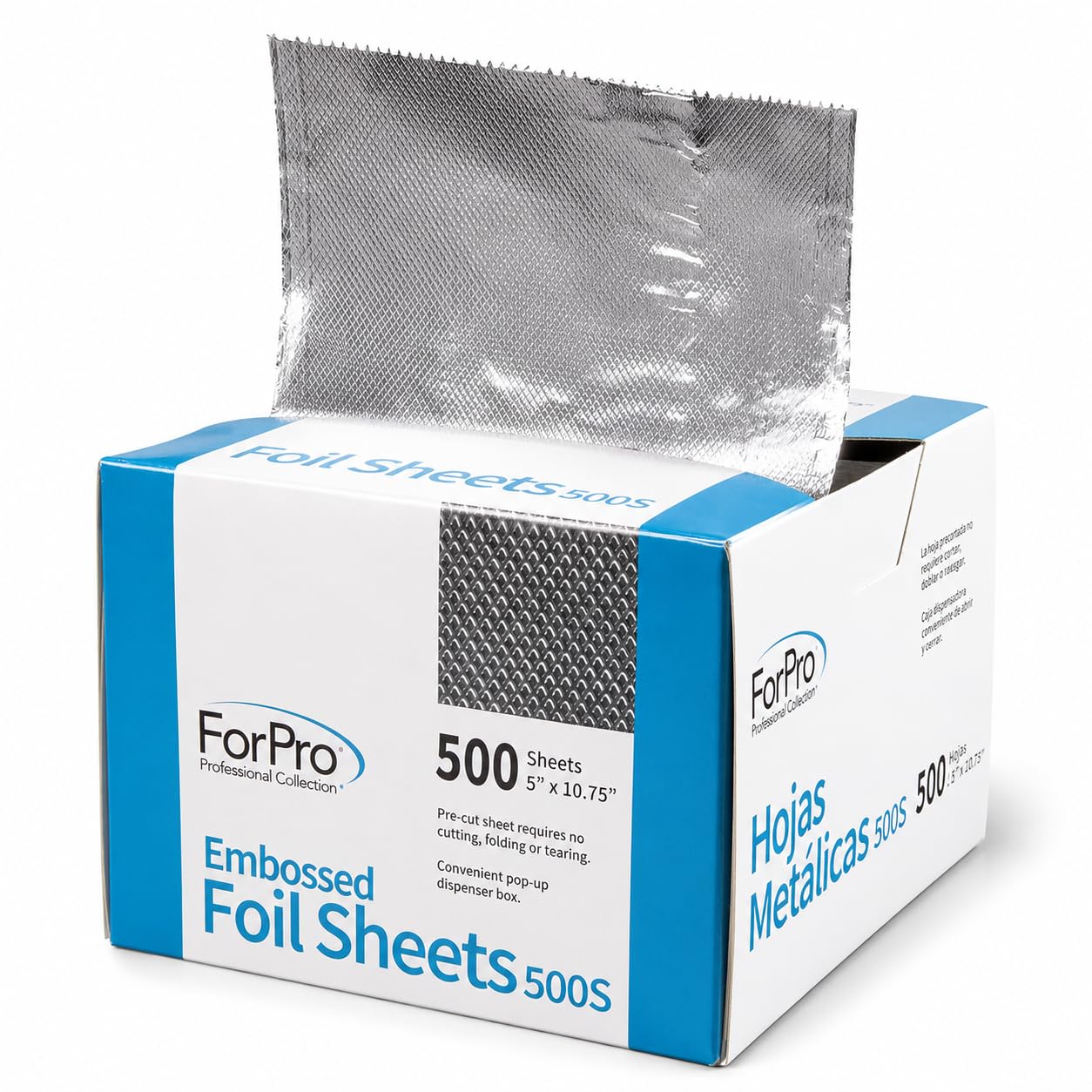 Stack of pre-cut embossed aluminum hair foil sheets 5 x 10.75 inches with non-slip textured surface
