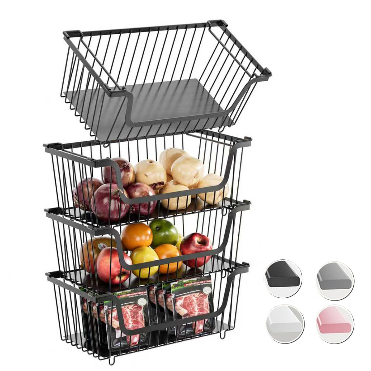 Four black stackable wire baskets for pantry storage