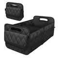Deosk foldable trunk organizer opened in SUV trunk showing multiple compartments