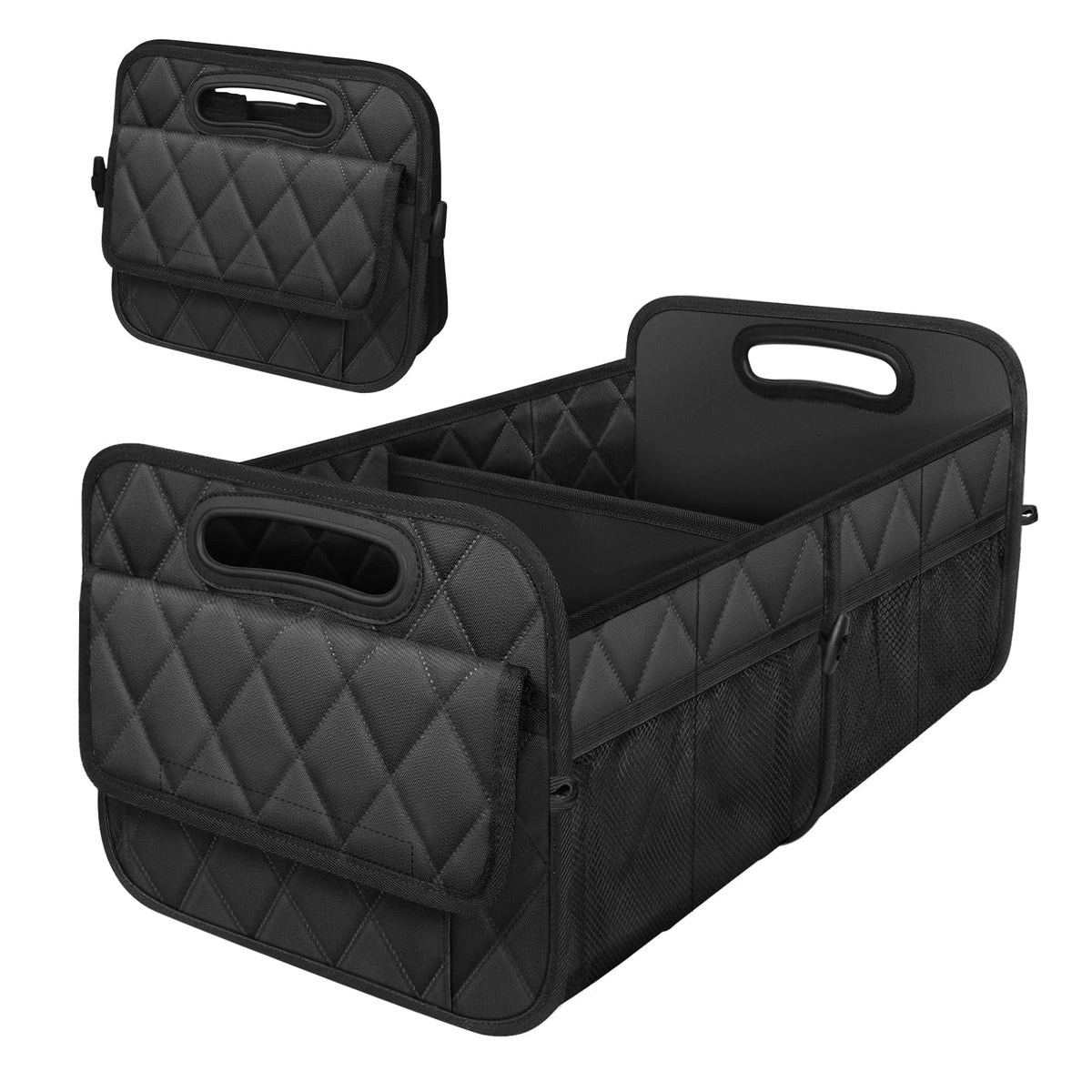 Deosk foldable trunk organizer opened in SUV trunk showing multiple compartments