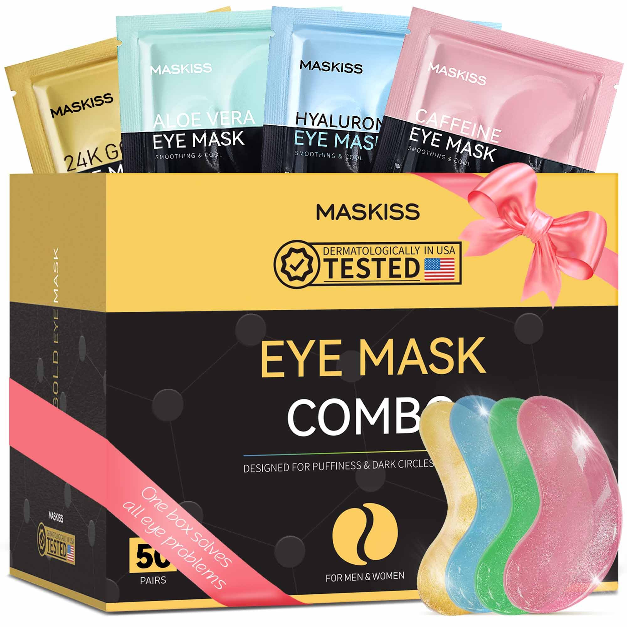 Maskiss Under Eye Patches(50 Pairs), 24K Gold, Caffeine, Hyaluronic Acid, Aloe Vera Eye Masks for Dark Circles Puffy Eyes Undereye Bags, Eye Skin Care Gift Set for Bachelorette Party Favors