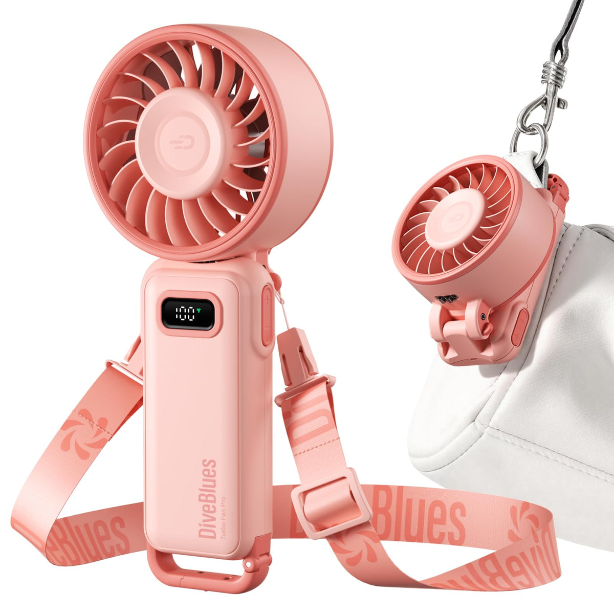 Diveblues foldable handheld turbo fan unfolded on a desk with USB-C charging port visible