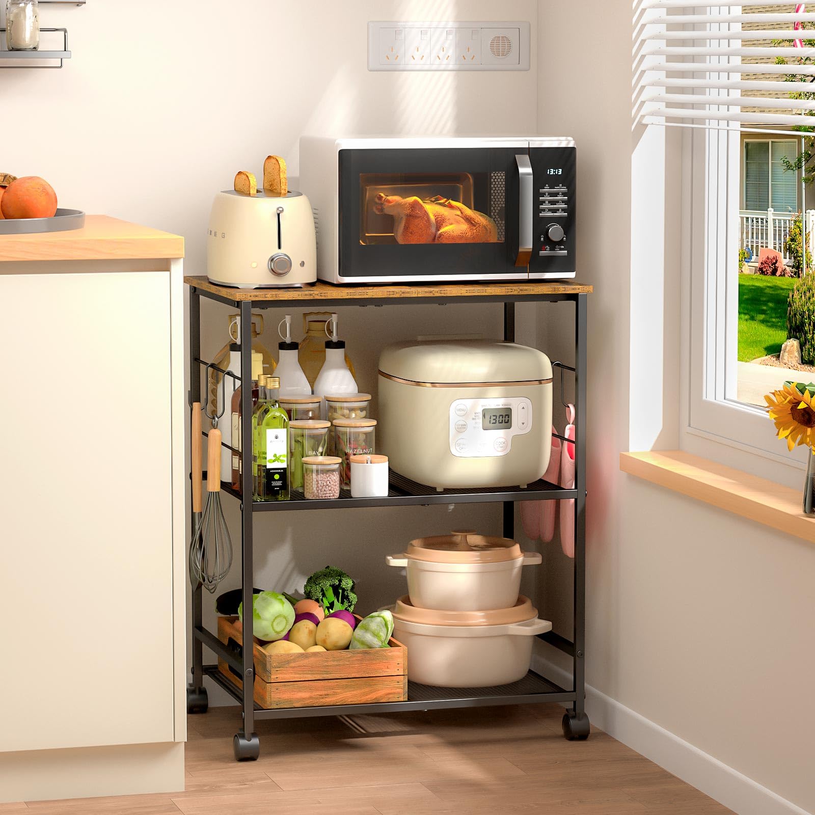 ThreeHio three-tier rolling microwave cart with shelves and lockable wheels