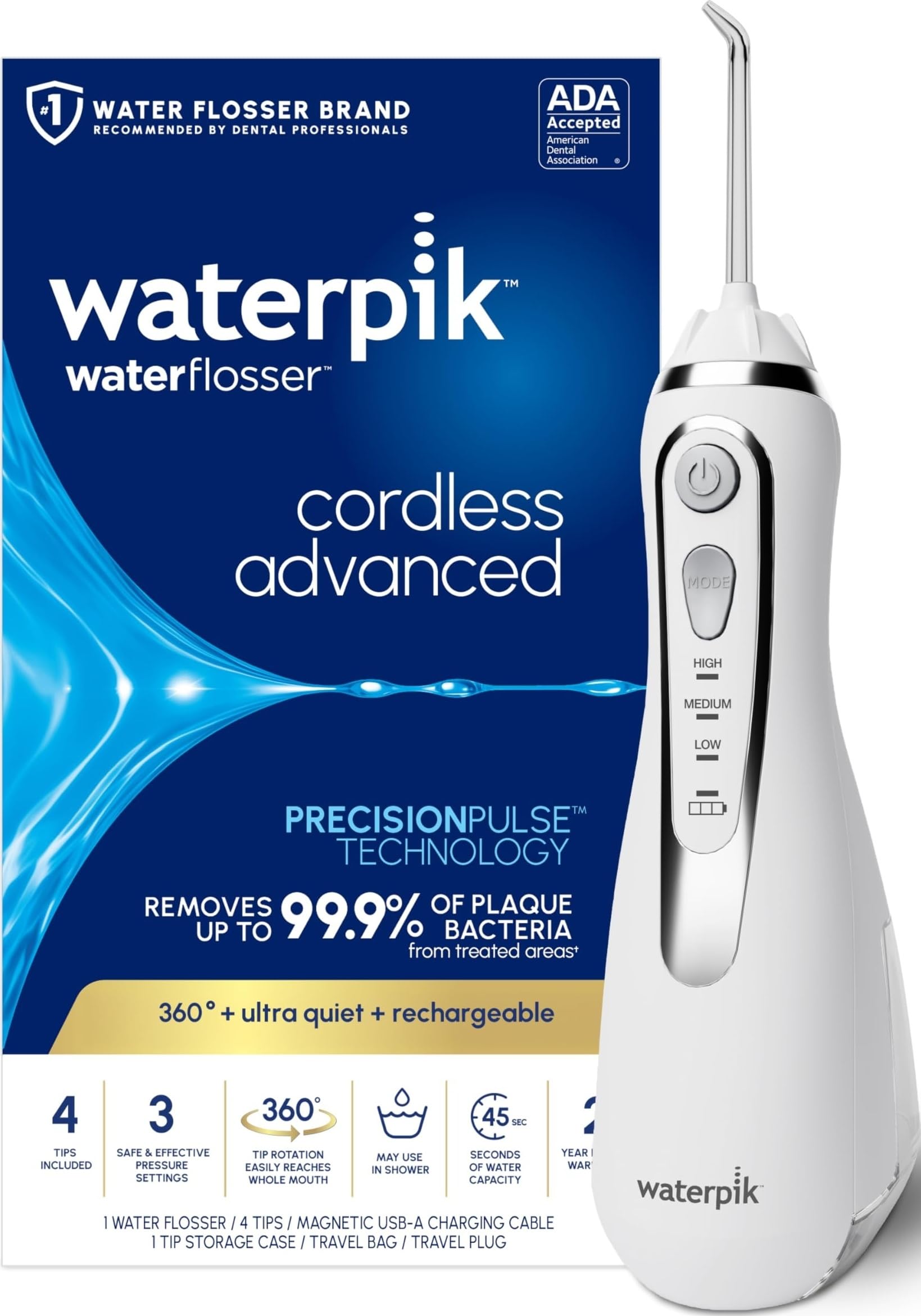 White Waterpik cordless rechargeable water flosser on a bathroom countertop