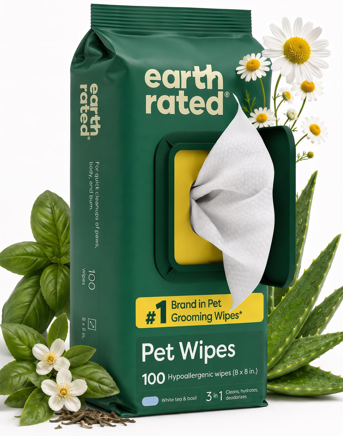 Earth Rated 3-in-1 dog wipes tub, White Tea & Basil scent, 100 count