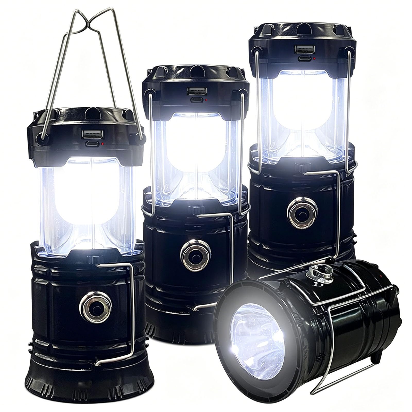 Collapsible XTAUTO LED camping lantern showing solar panel and USB charging port