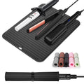 Quccefods large heat-resistant silicone mat placed beneath curling iron and flat iron on countertop