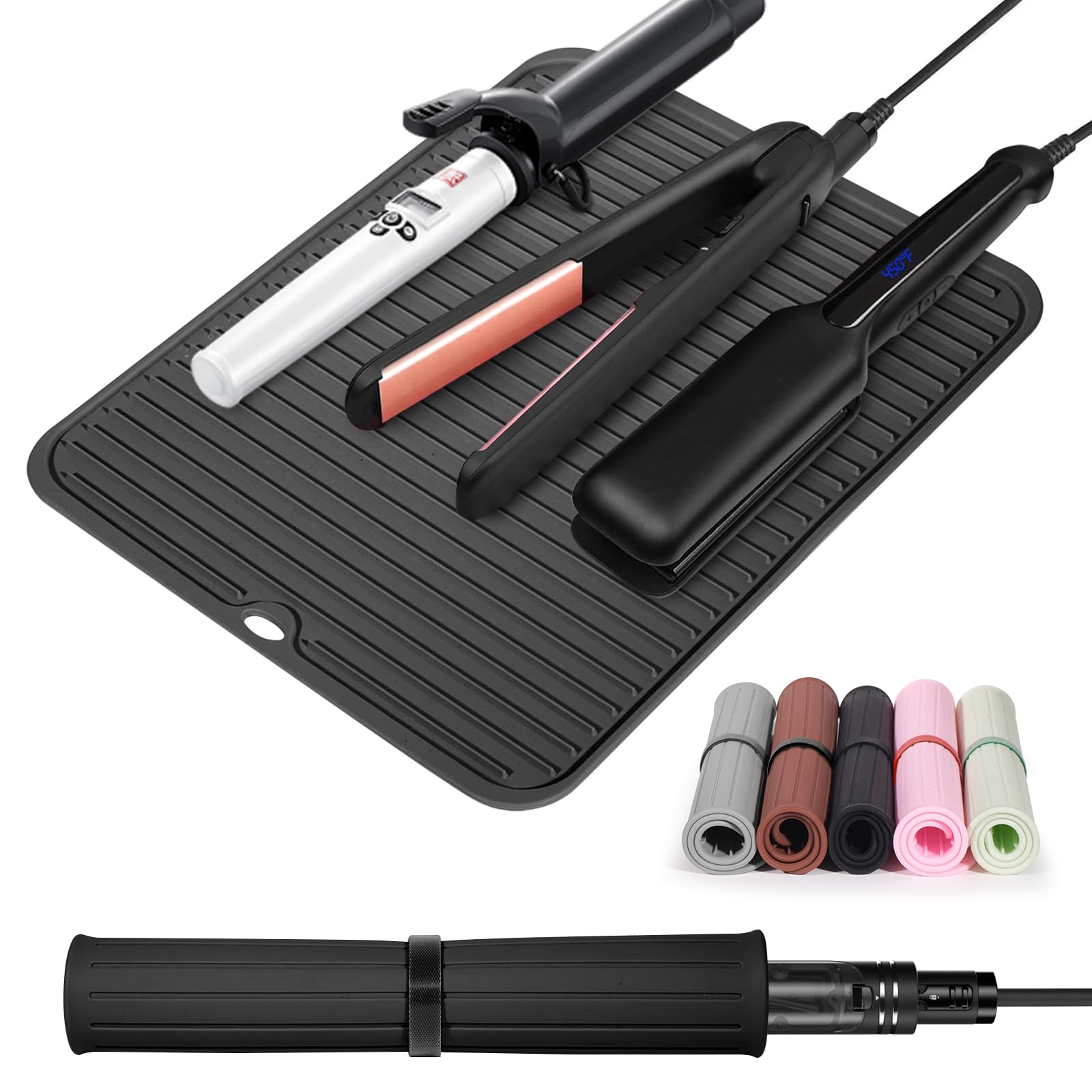 Quccefods large heat-resistant silicone mat placed beneath curling iron and flat iron on countertop
