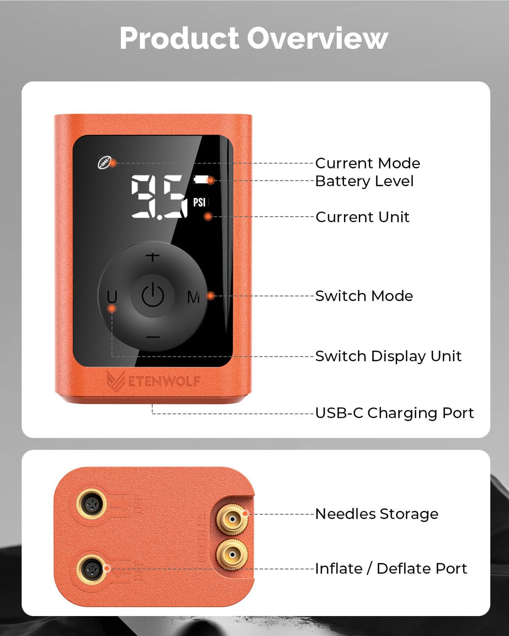 ETENWOLF P300 Plus Ball Pump, Electric Basketball Pump Inflation and Deflation, with 3200 mAh Rechargeable Battery, Air Pump for All Sports Balls, Vivid Orange image 2