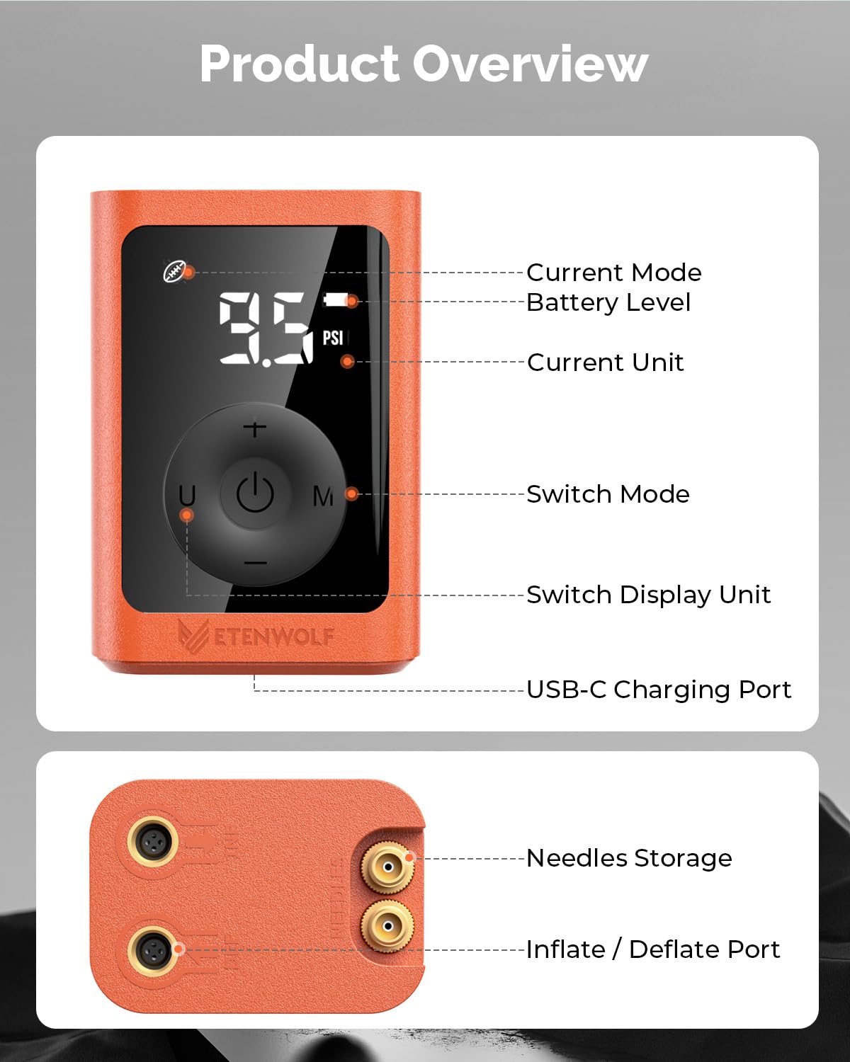 ETENWOLF P300 Plus Ball Pump, Electric Basketball Pump Inflation and Deflation, with 3200 mAh Rechargeable Battery, Air Pump for All Sports Balls, Vivid Orange image 2