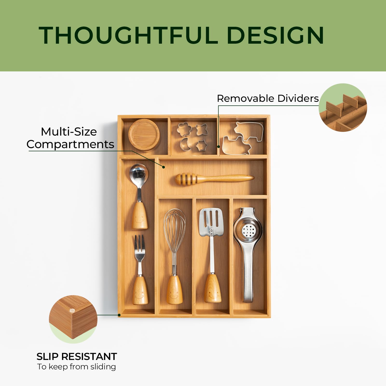 Carbonized Kitchen Drawer Organizer, 8 Slots Silverware Organizer, Utensil Holder & Cutlery Tray, 2.2" Deep for Extra Capacity, Non-Slip Feet Included image 6