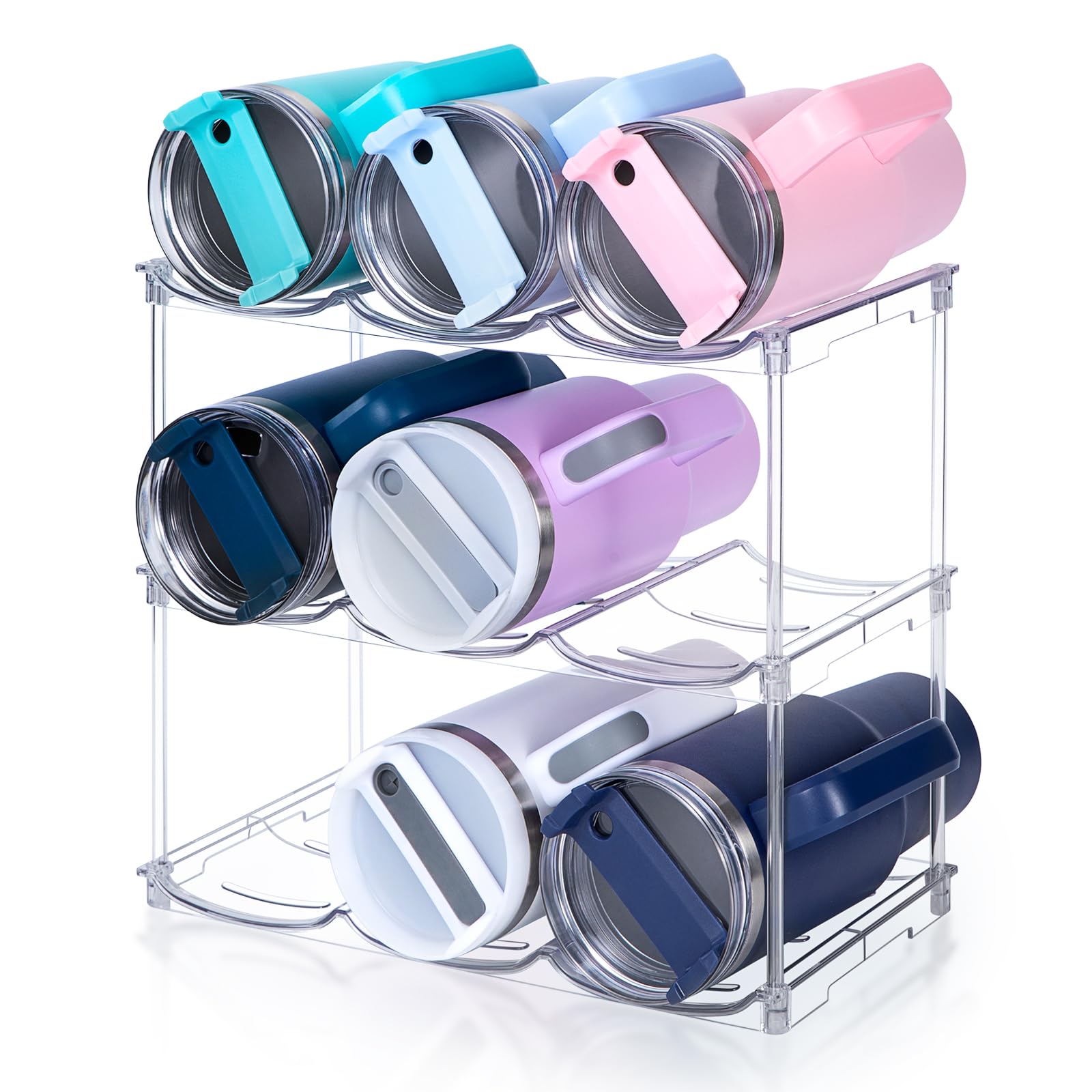 spospo stackable water bottle organizer holding multiple 40oz Stanley tumblers