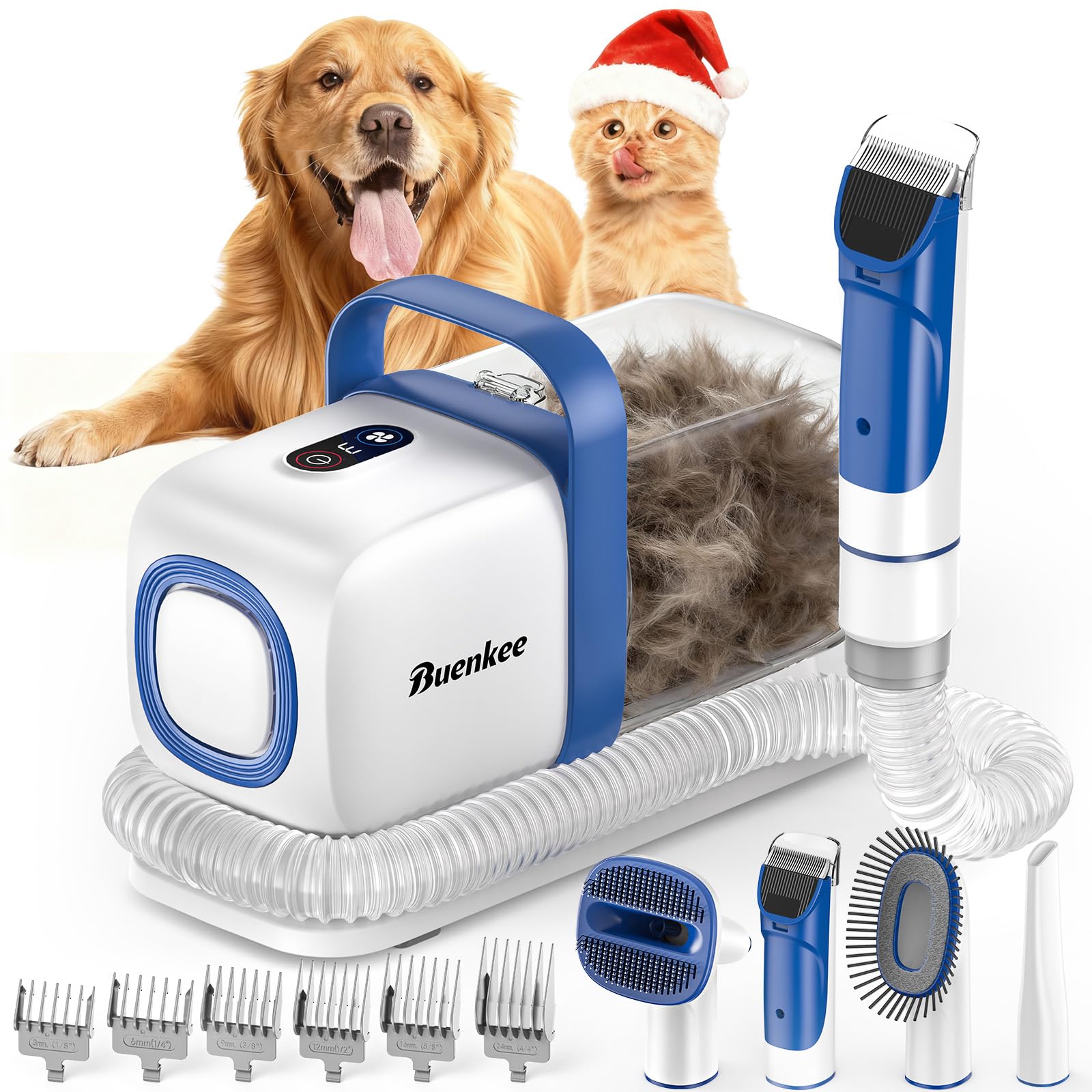 White buenkee dog grooming vacuum with clipper and shedding brush, 2L dust container