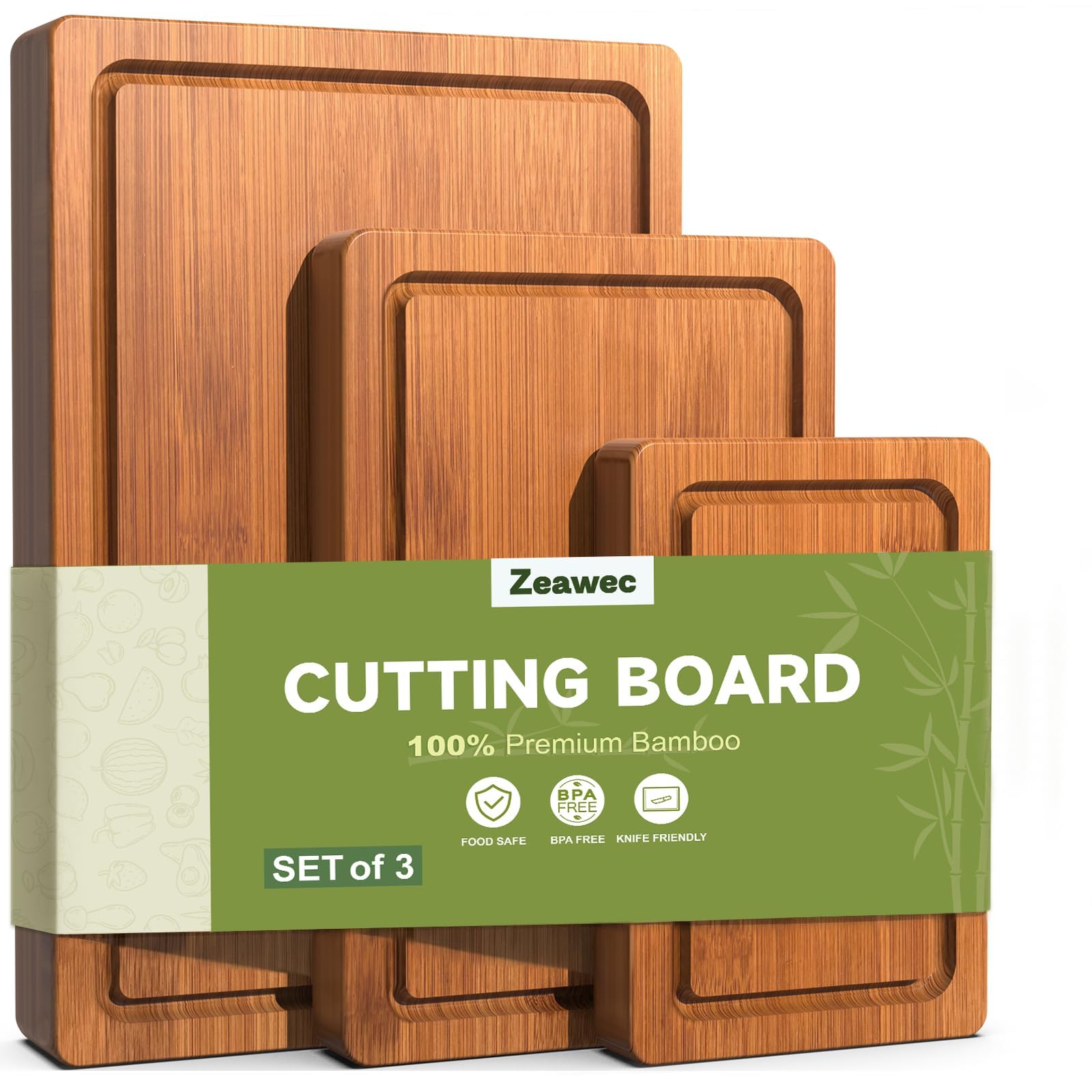 Three deep-carbonized bamboo cutting boards of different sizes showing wood grain