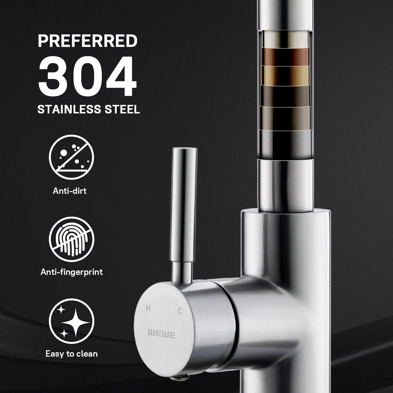 WEWE High-Arc Pull-Down Kitchen Faucet, Brushed Nickel, 3-Mode Sprayer image 5
