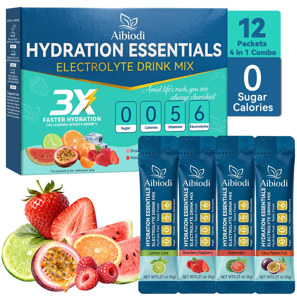 Aibiodi Electrolytes Powder Packets - Sugar Free & Zero Calorie Liquid Daily IV Drink Mix - Instant Hydration & Energy Supplement with 6 Electrolytes and 5 Vitamins, Keto Friendly & Vegan - 12 Sticks