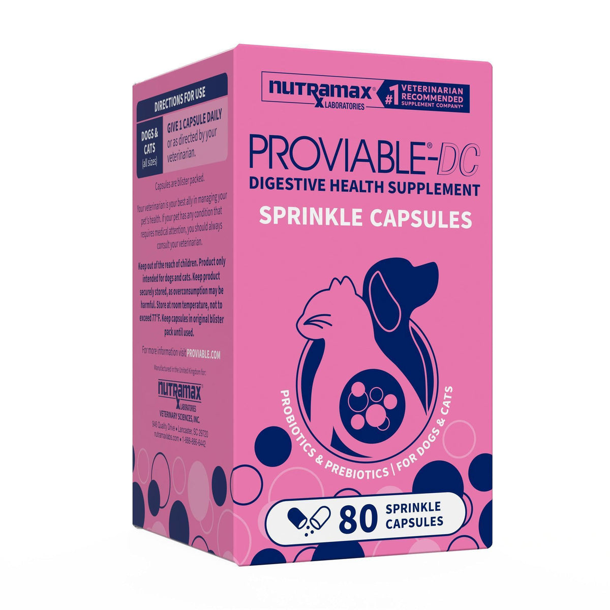Bottle of Nutramax Proviable probiotic capsules for dogs and cats, 80 count