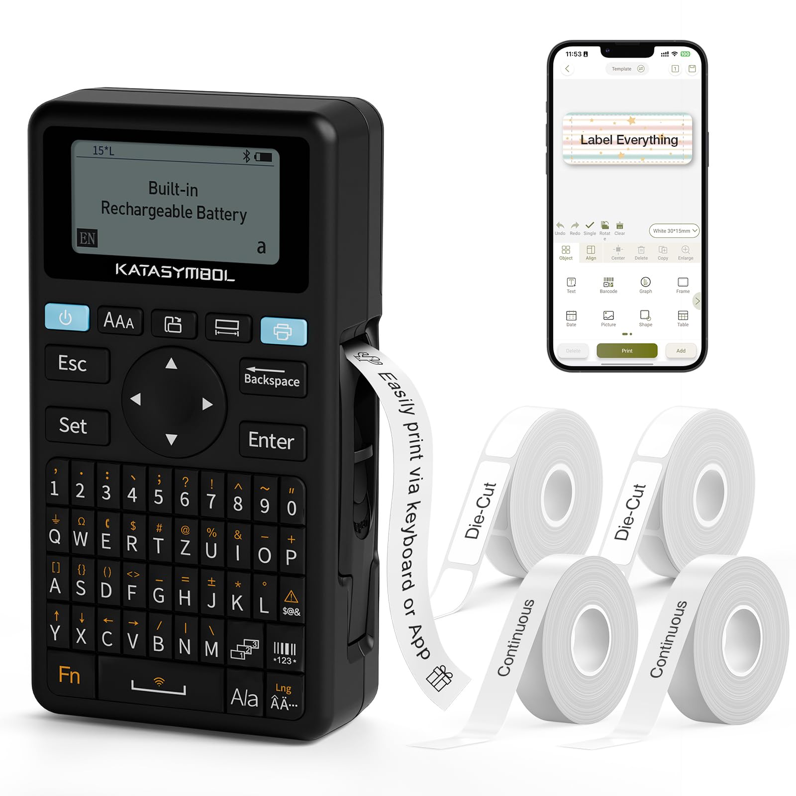 SUPVAN E11 black keyboard-style Bluetooth label maker with LCD and tape cartridges