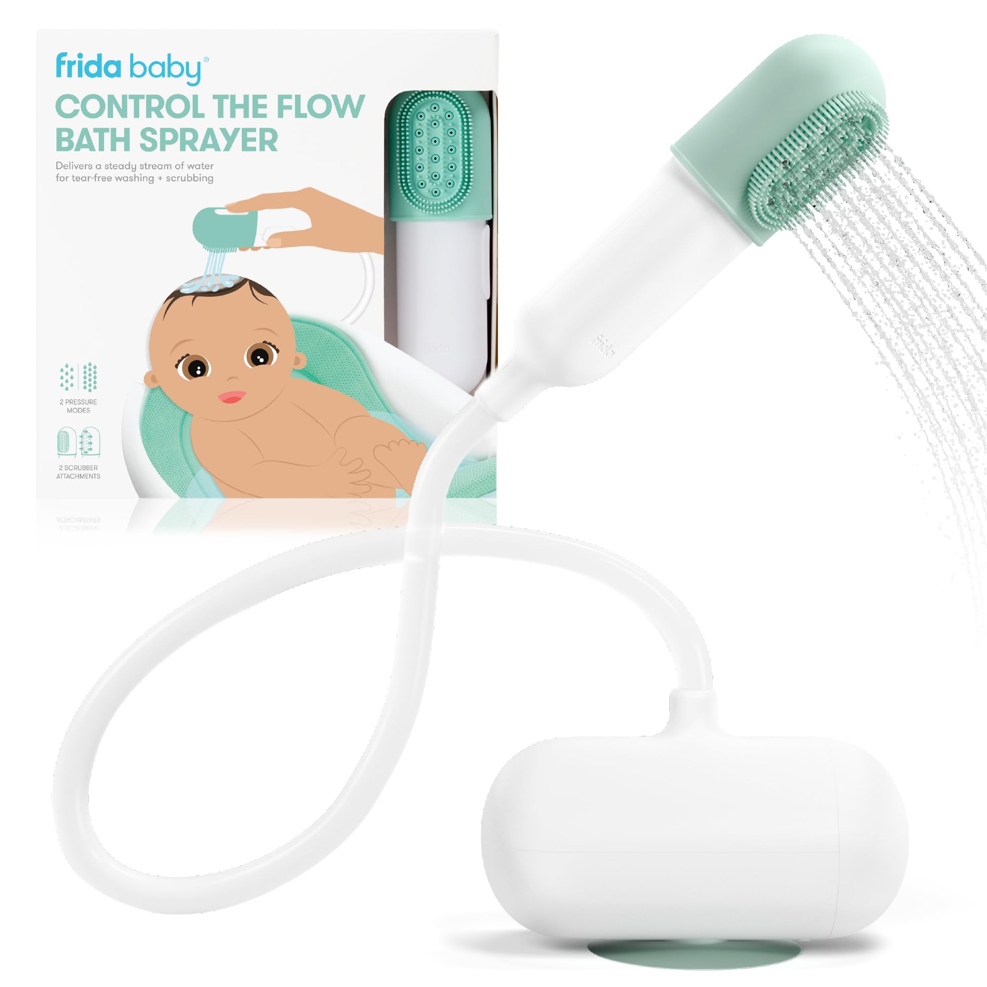 Frida Control The Flow bathtub sprayer attachment connected to faucet above baby bathtub