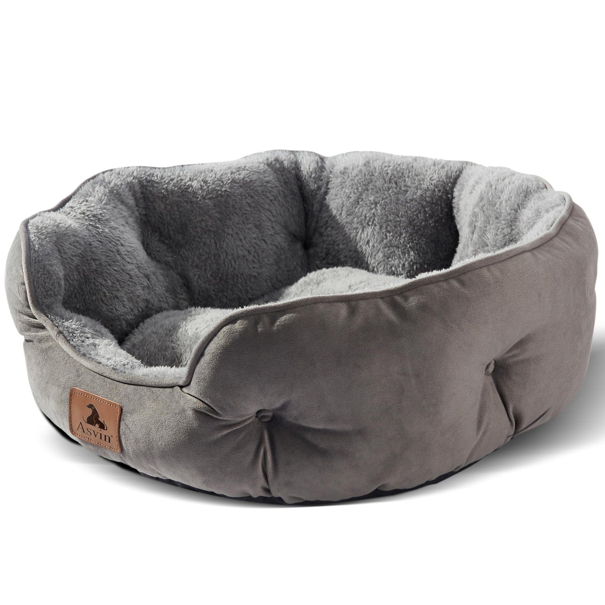 Grey Asvin small round dog bed with plush cushion, raised bolster and water-resistant Oxford anti-slip bottom