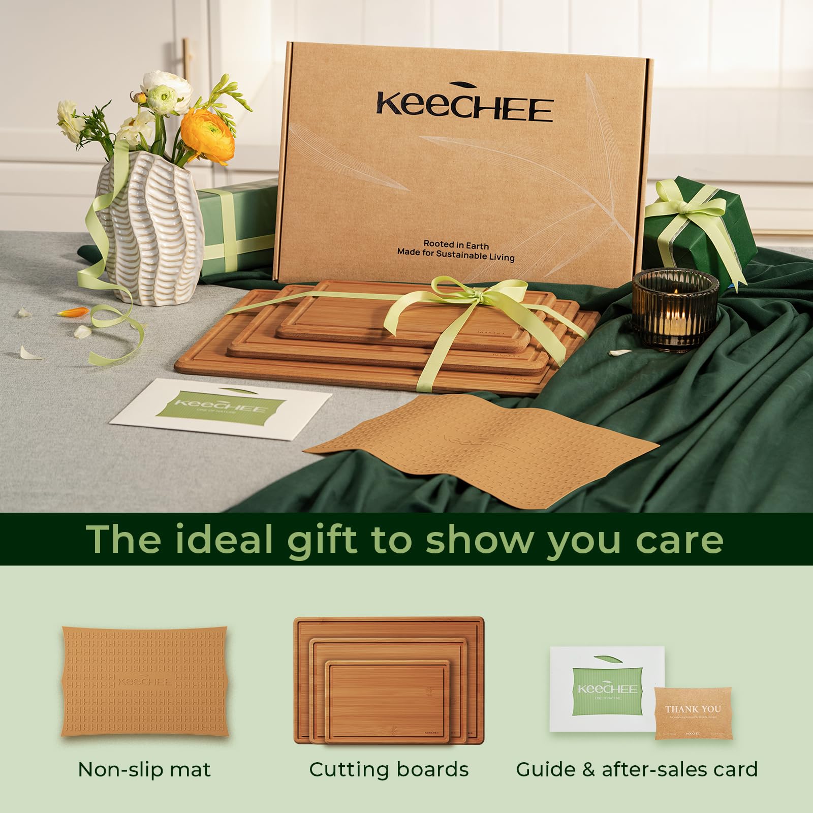 Keechee Cutting Board with Non-slip Mat, Cutting Boards for Kitchen Meal Prep & Serving - Serving Board Sets with Deep Juice Groove Ideal Kitchen Gifts image 8