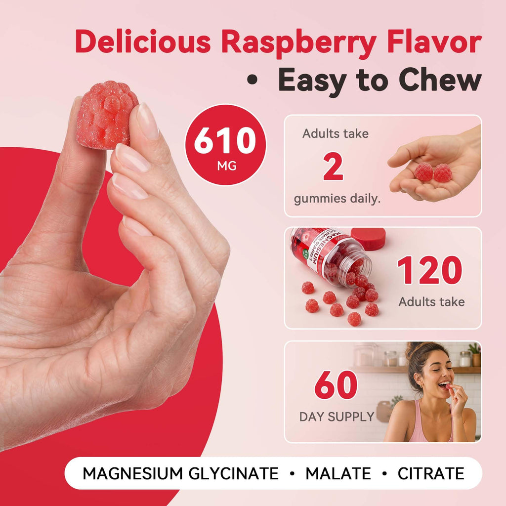 Aibiodi Magnesium Glycinate Gummies 610mg, Magnesium Glycinate, Citrate, Malate Gummies for Adults & Kids, Sleep, Relaxation, Muscle & Bone Support, 120 Chews, Raspberry Flavor image 6