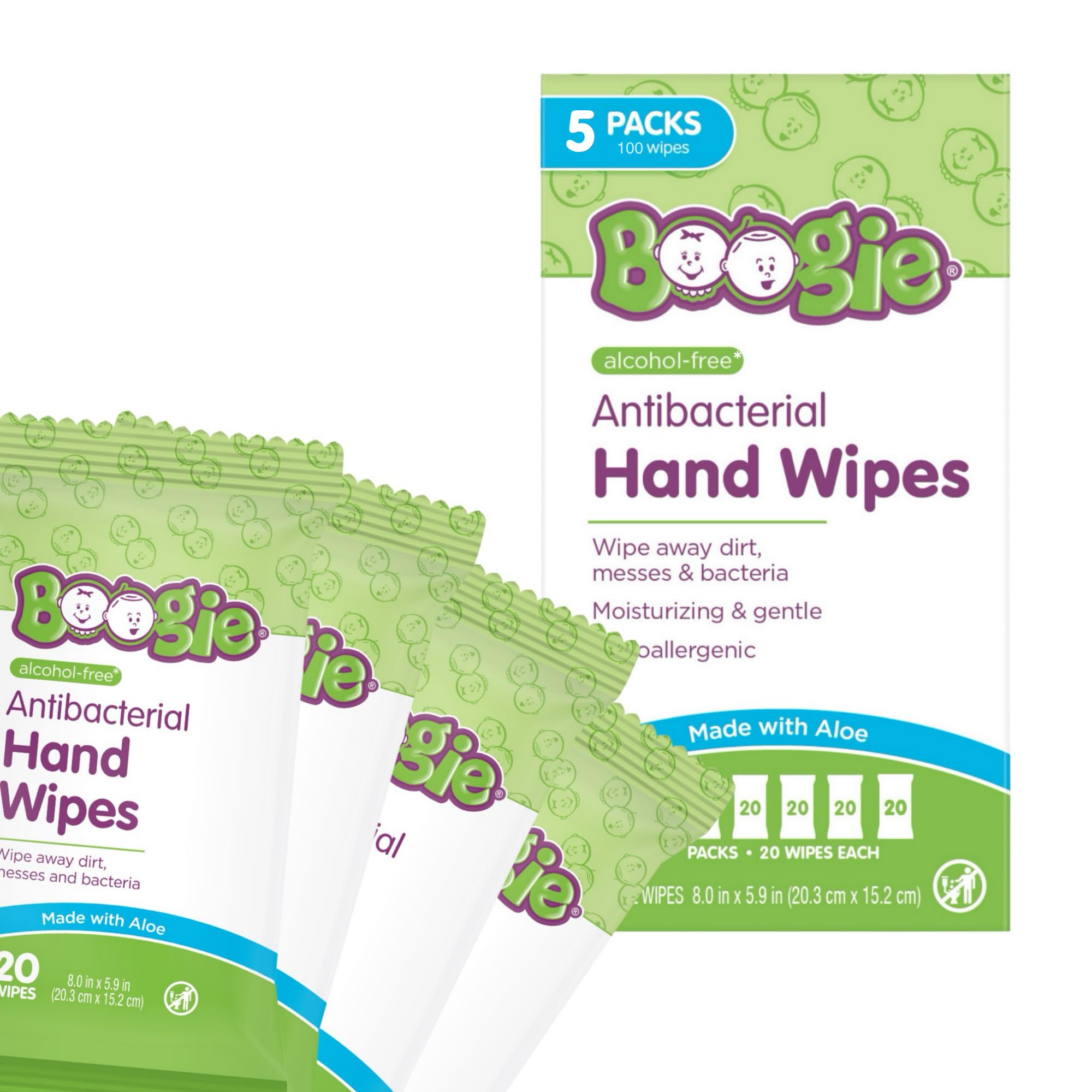 Boogie 100-count antibacterial hand wipes foil pouch showing label