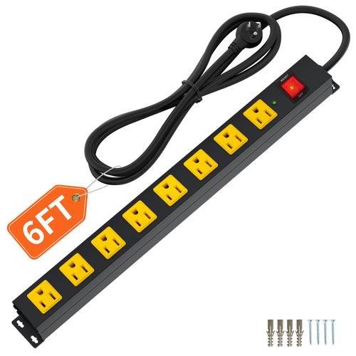 Plug'n 8-outlet metal surge protector power strip, wide-spaced outlets, 6ft cord