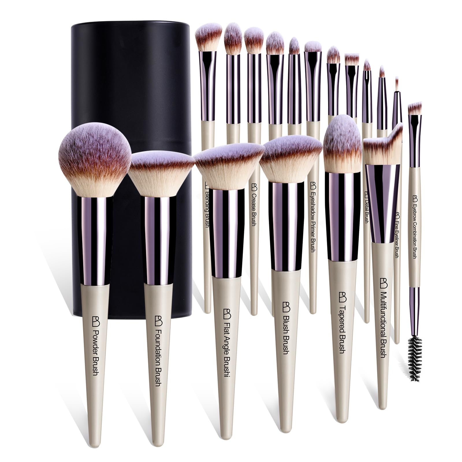 Black 18-piece BS-MALL synthetic makeup brushes arranged in an open black case with labeled instruction card