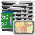 Stack of black 32 oz plastic meal prep containers with easy-open lids