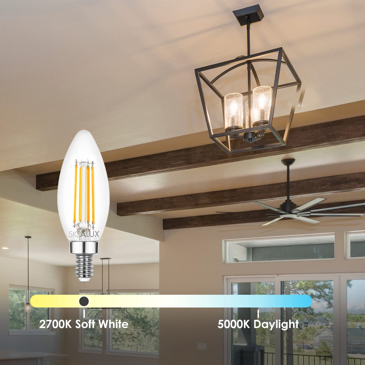 Sigalux E12 LED Bulbs 60 Watt, B10 Dimmable Chandelier Light Bulbs, 5W Clear LED Filament Candelabra Light Bulb, Soft White 2700K 450LM Candle Light Bulbs for Chandeliers, Ceiling Fan, 6 Pack image 2