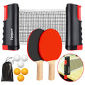 Pair of ping pong paddles, retractable net attached to table, balls, carry bag