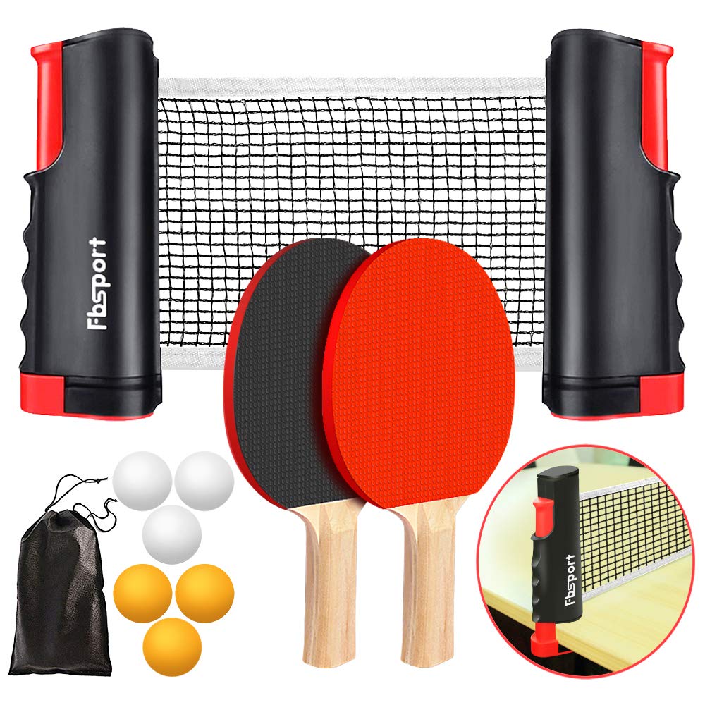 Pair of ping pong paddles, retractable net attached to table, balls, carry bag