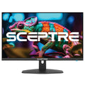 Sceptre 27-inch frameless black gaming monitor on stand, showing desktop image