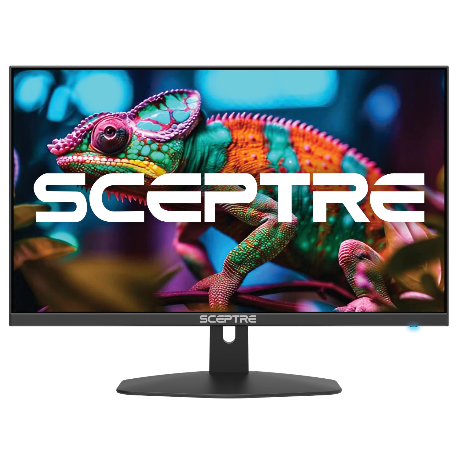 Sceptre 27-inch frameless black gaming monitor on stand, showing desktop image