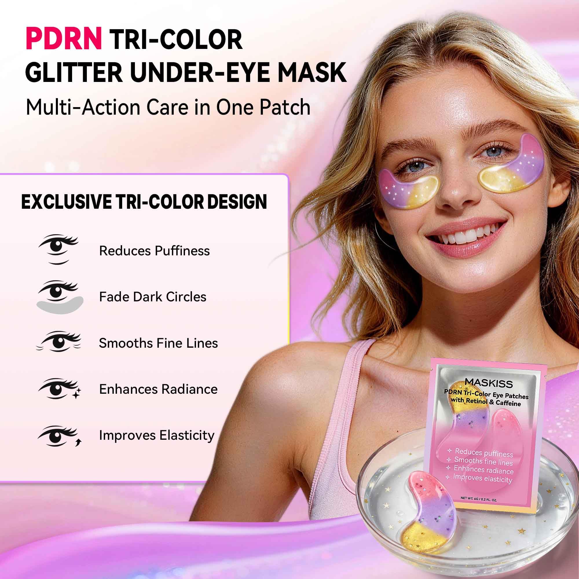Maskiss PDRN Under Eye Patches (25 Pairs), Tri-Color Eye Gel Pads with Retinol Caffeine, Eye Masks for Dark Circles Puffy Eyes Wrinkles, Collagen Self Care Gifts for Women image 2
