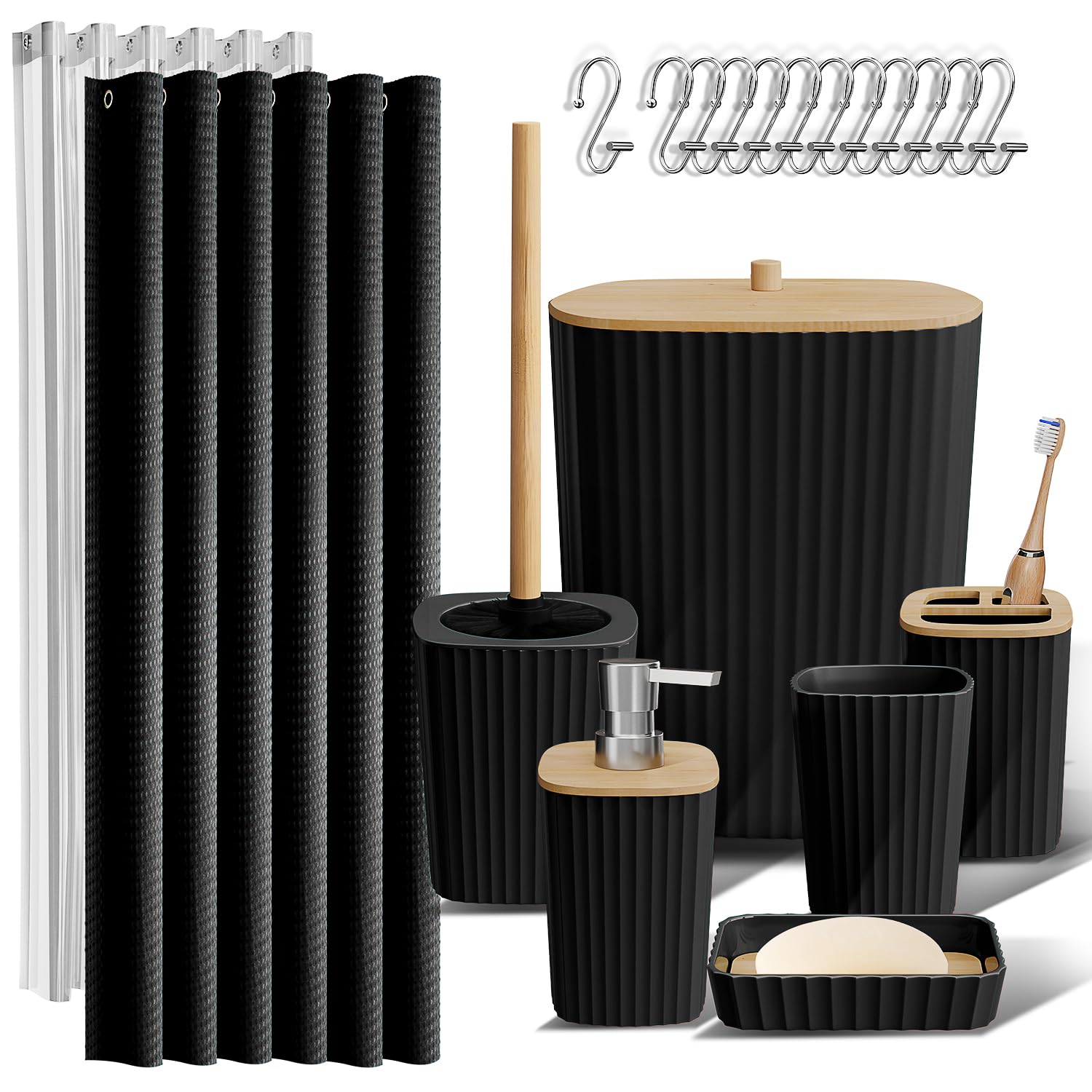 Clara Clark black shower curtain on rod with matching bathroom accessories displayed