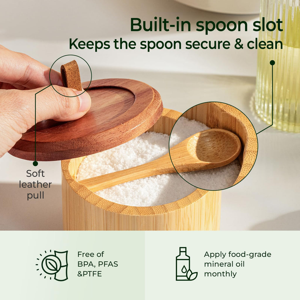 keechee Bamboo Salt Box with Acacia Lid & Spoon, 7.7oz Capacity with Built-In Spoon Slot & Labels, Two-Tone Countertop Seasoning Container (Single Compartment - 1 Pack) image 6