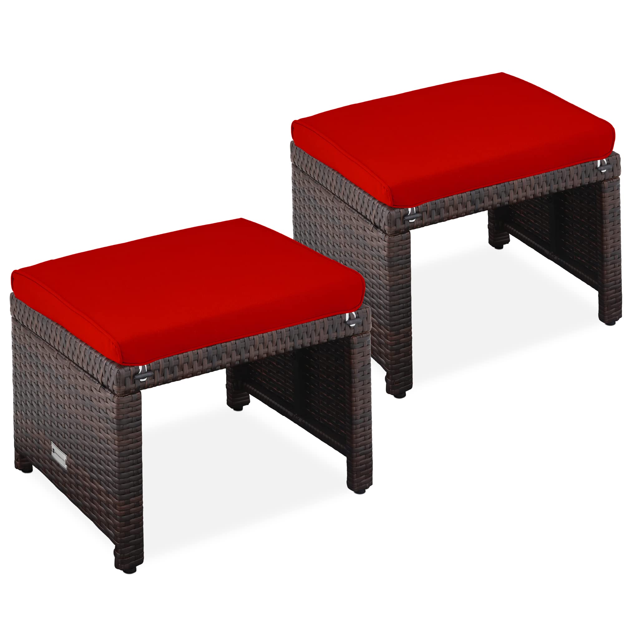 Brown and red wicker ottomans with removable cushions on steel frames