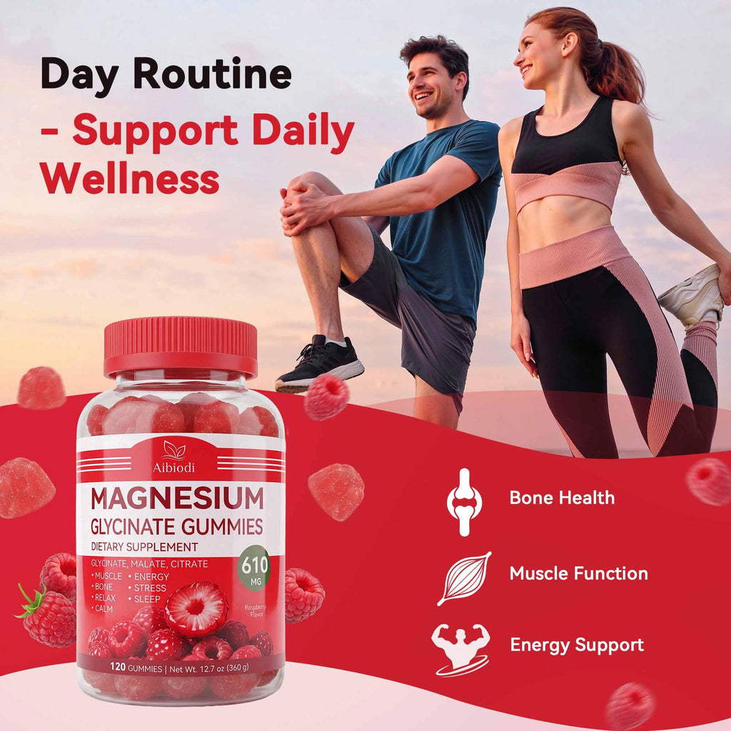 Aibiodi Magnesium Glycinate Gummies 610mg, Magnesium Glycinate, Citrate, Malate Gummies for Adults & Kids, Sleep, Relaxation, Muscle & Bone Support, 120 Chews, Raspberry Flavor image 7