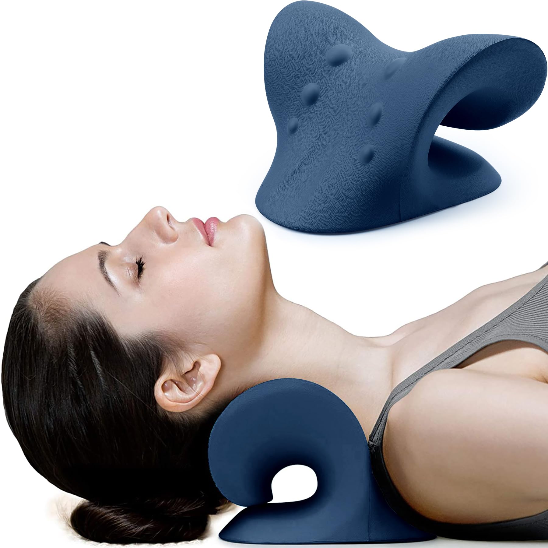Dark blue RESTCLOUD cervical traction neck stretcher pillow on white background