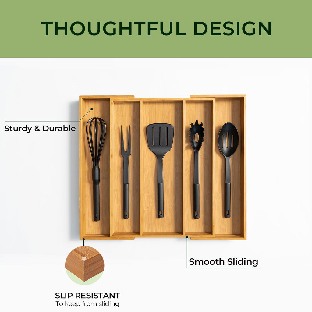 Carbonized Kitchen Drawer Organizer, 5 Slots Expandable Silverware Organizer, Utensil Holder & Cutlery Tray, 2.2" Deep for Extra Capacity, Non-Slip Feet Included. image 6