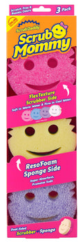 Three Scrub Mommy dual-sided kitchen sponges showing soft foam side and textured scrub side
