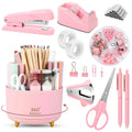 SKYDUE pink desk accessories 11-piece including rotating pen holder on white desk
