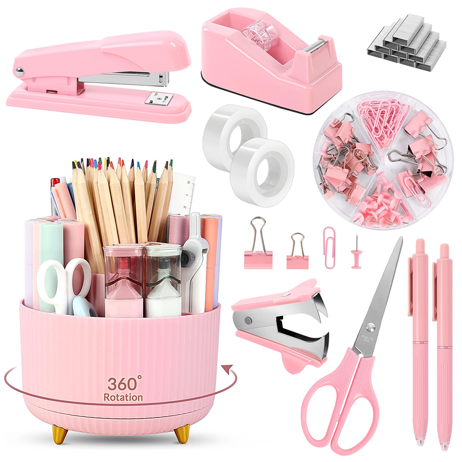 SKYDUE pink desk accessories 11-piece including rotating pen holder on white desk